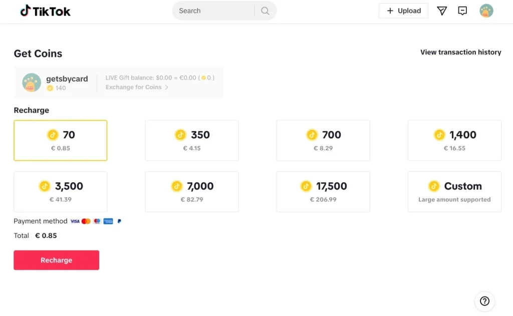 Choose the amount of TikTok coins you want to purchase