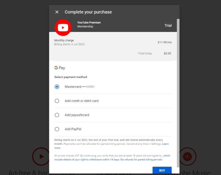 Screenshot of the YouTube Premium payment page, showing a credit card being added for a month's free trial