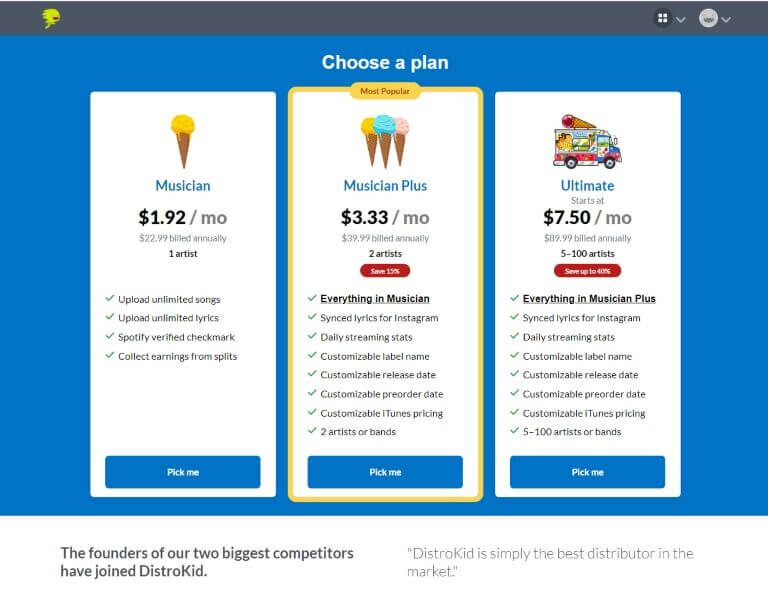 A screenshot of the Distrokid website, on the payment plan website. The screen is divided into three sections and lists the features of the three different plans