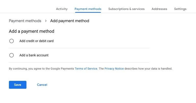 Screenshot of the payment methods section on Google Play. There is the choice to select credit and debit card or add a bank account to the Google Account