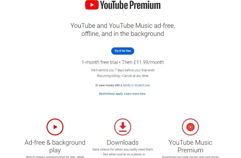Screenshot showing the features available with a YouTube Premium membership. The page also advertises a one-month free trial