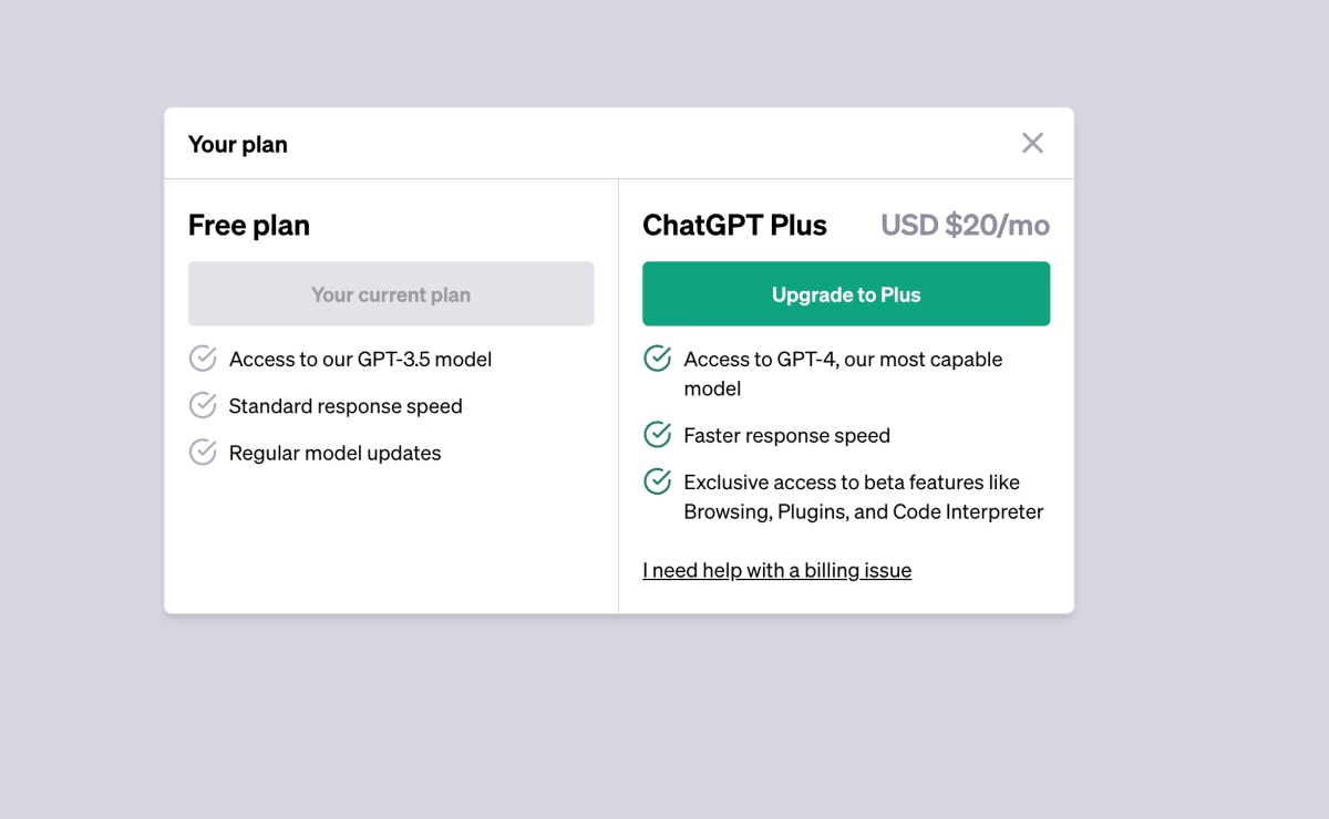 Choose to upgrade for Chat-GPT Plus