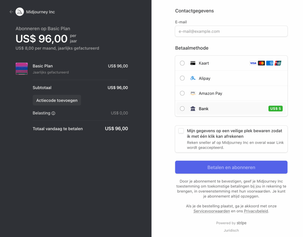 Midjourney Payment methods by Stripe
